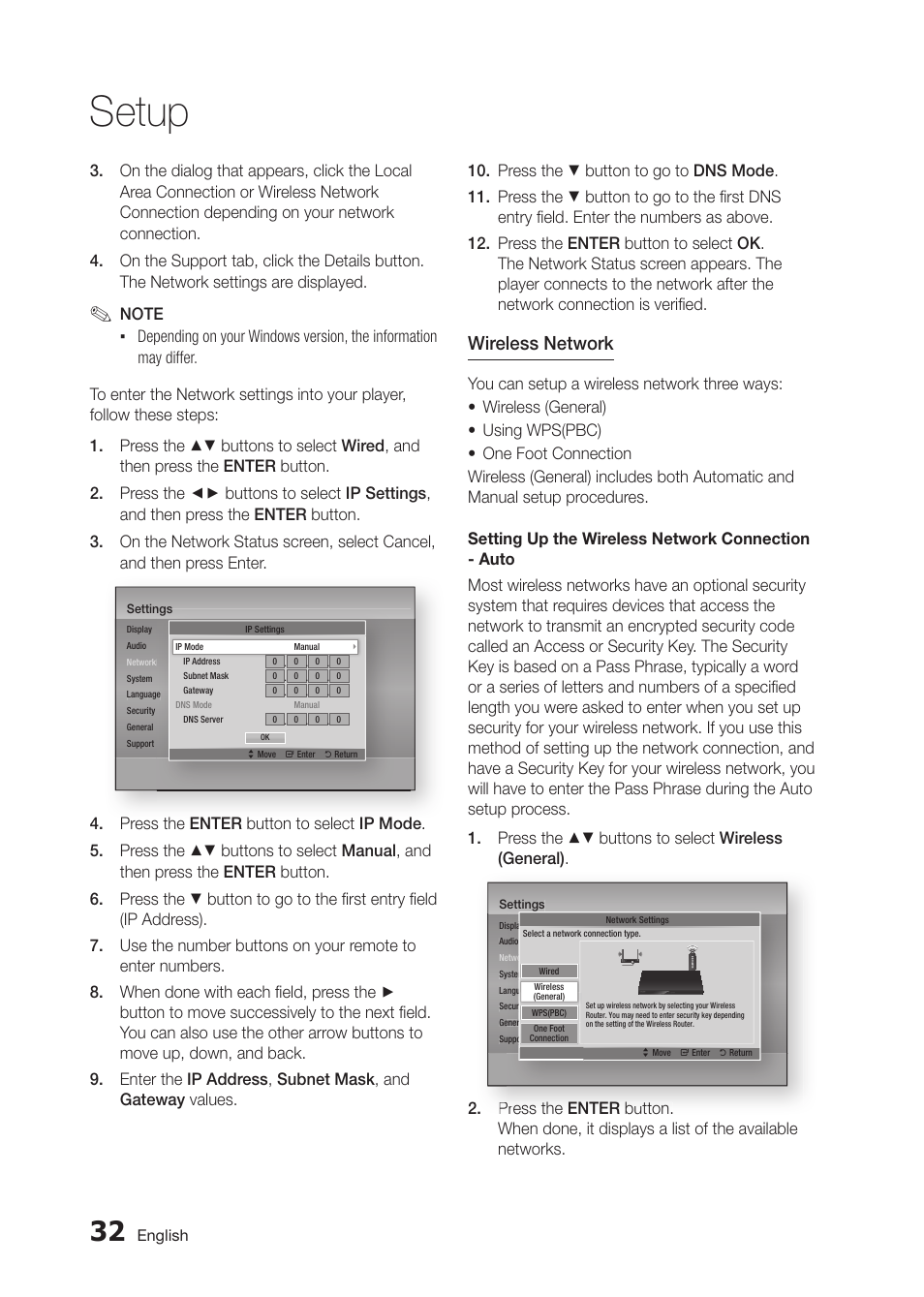 Setup, Wireless network | Samsung BD-D5300 User Manual | Page 32 / 135