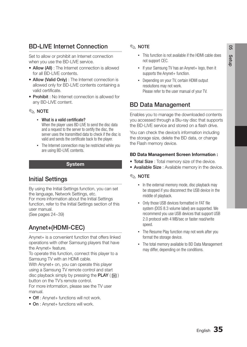 Bd-live internet connection, Initial settings, Anynet+(hdmi-cec) | Bd data management | Samsung BD-D5300 User Manual | Page 35 / 135