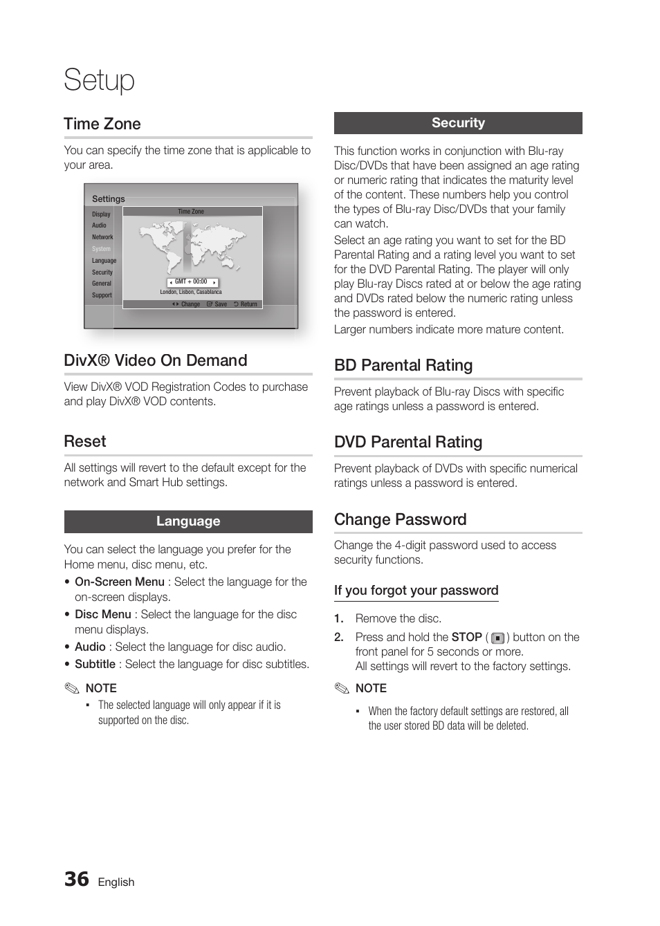 Setup, Time zone, Divx® video on demand | Reset, Bd parental rating, Dvd parental rating, Change password, I x® vid o d d | Samsung BD-D5300 User Manual | Page 36 / 135