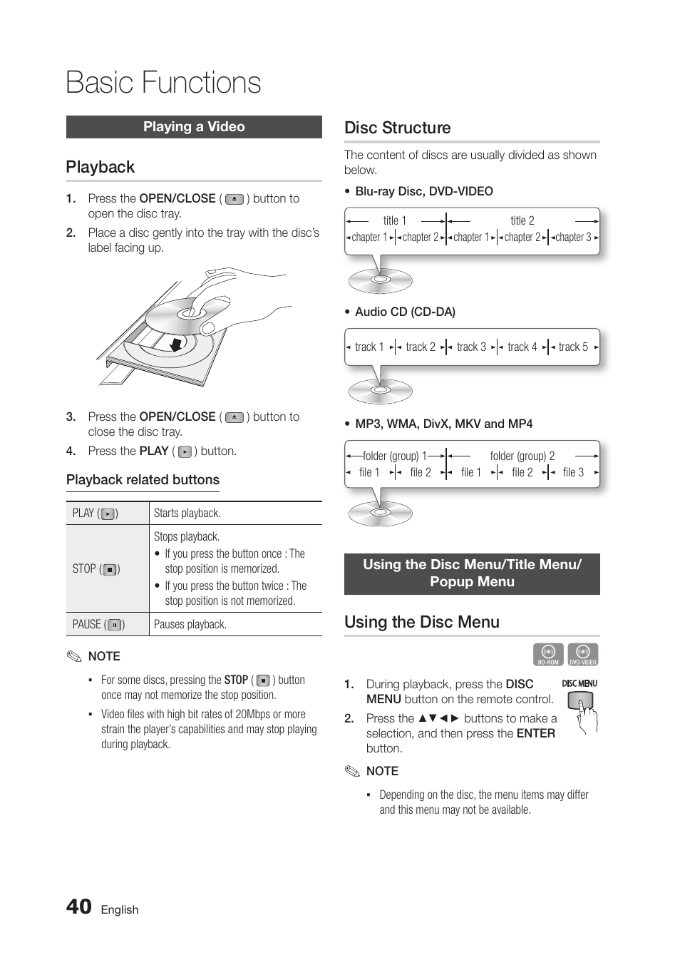 Basic functions, Playback, Disc structure | Using the disc menu | Samsung BD-D5300 User Manual | Page 40 / 135