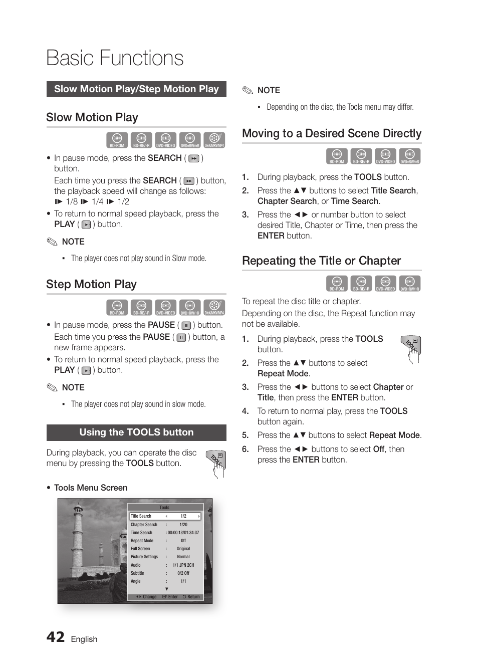 Basic functions, Hzzyx, Hzzy | Slow motion play, Step motion play, Moving to a desired scene directly, Repeating the title or chapter | Samsung BD-D5300 User Manual | Page 42 / 135