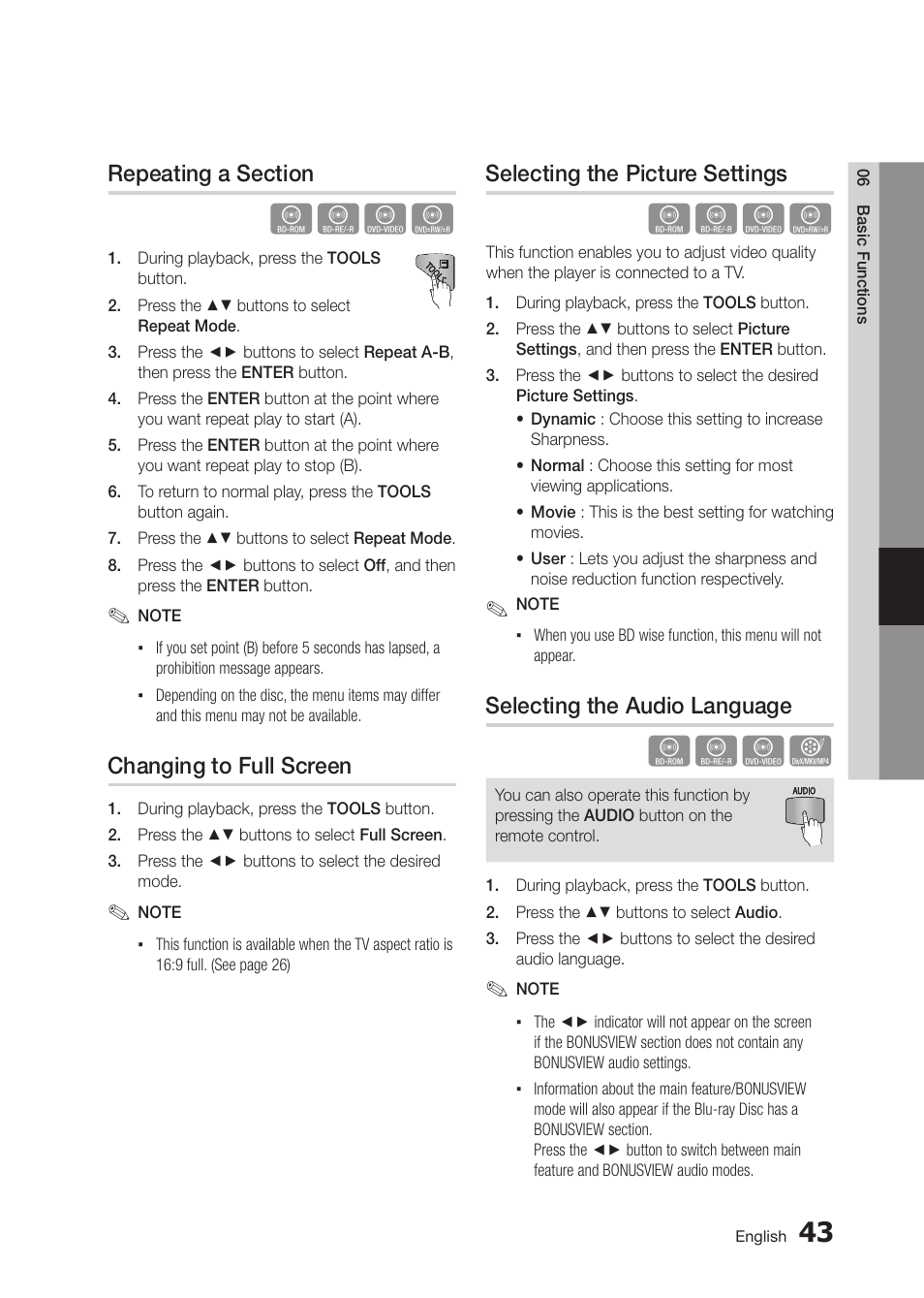 Hzzy, Hzzx, Changing to full screen | Selecting the picture settings, Selecting the audio language | Samsung BD-D5300 User Manual | Page 43 / 135