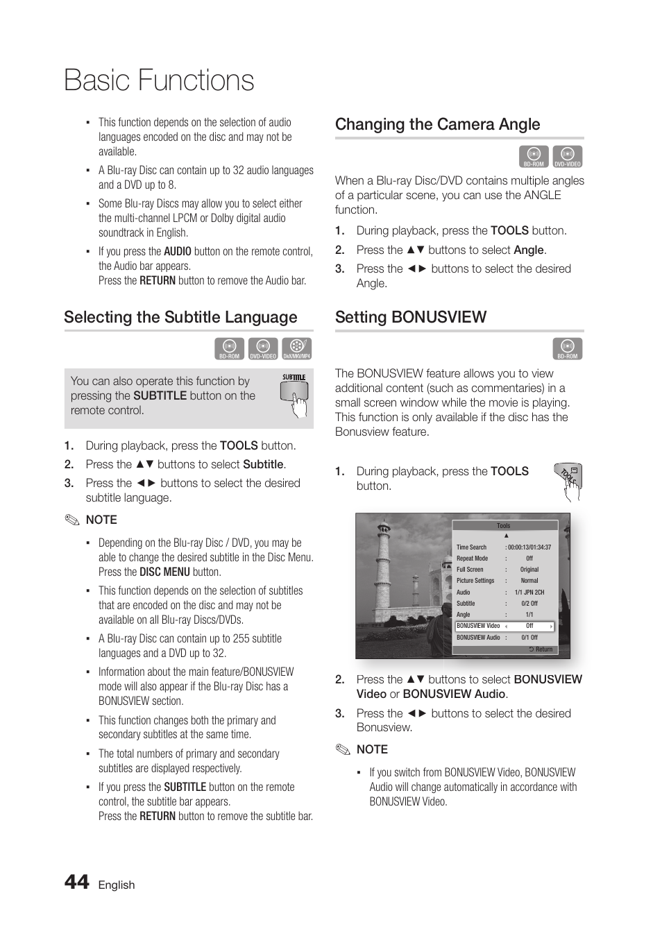 Basic functions, Selecting the subtitle language, Changing the camera angle | Setting bonusview | Samsung BD-D5300 User Manual | Page 44 / 135
