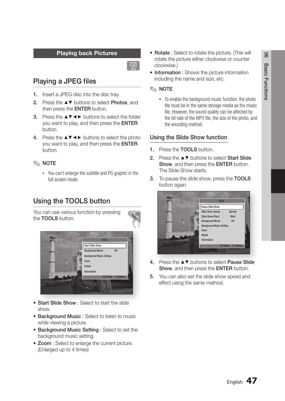 Playing a jpeg files, Using the tools button | Samsung BD-D5300 User Manual | Page 47 / 135