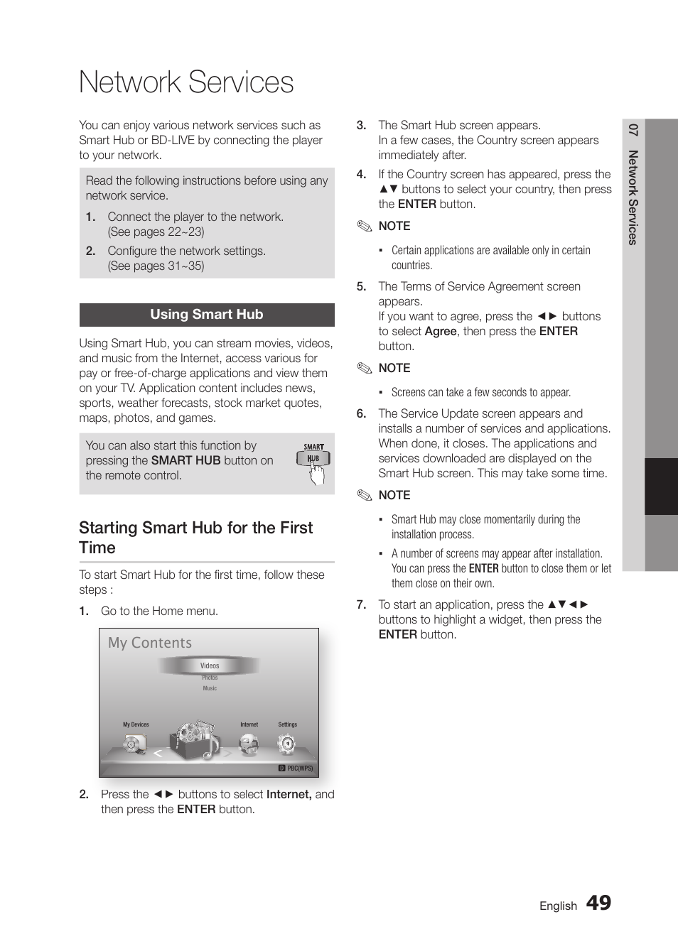 Network services, Starting smart hub for the first time | Samsung BD-D5300 User Manual | Page 49 / 135