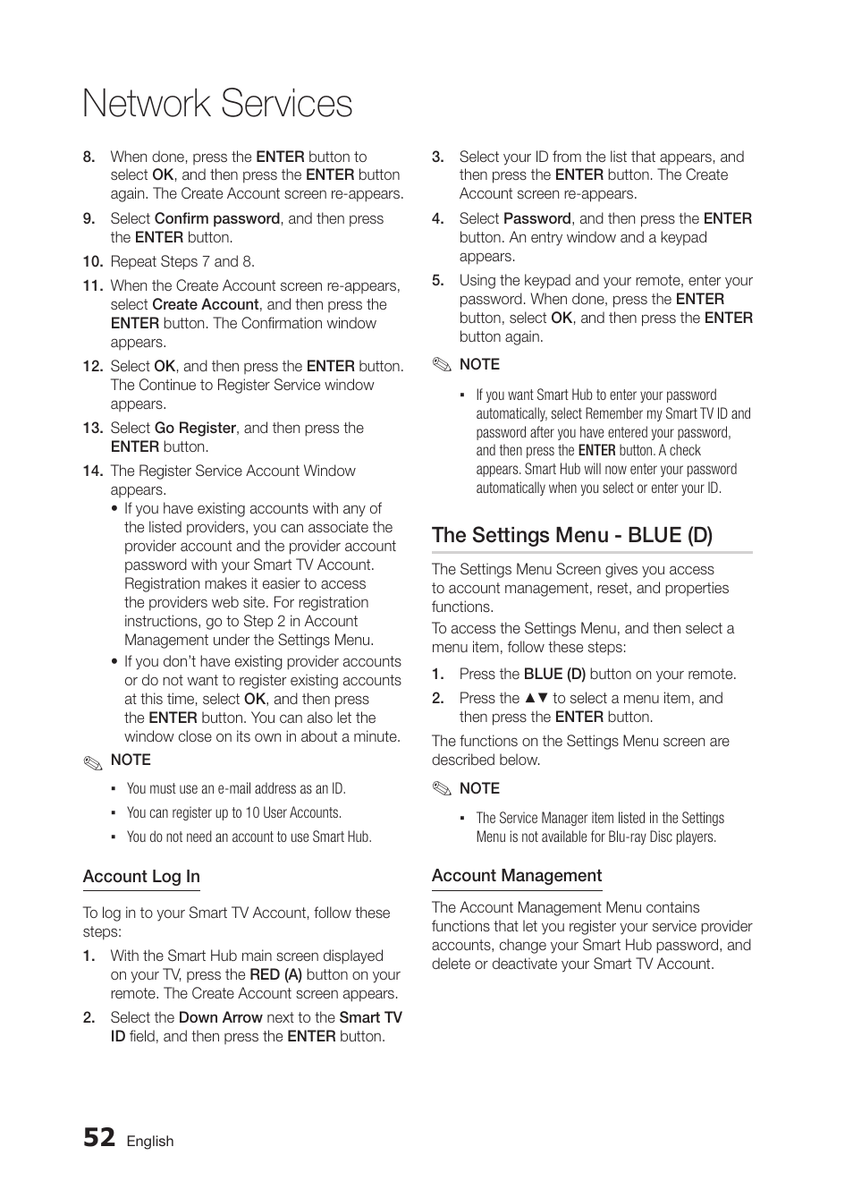 Network services, The settings menu - blue (d) | Samsung BD-D5300 User Manual | Page 52 / 135