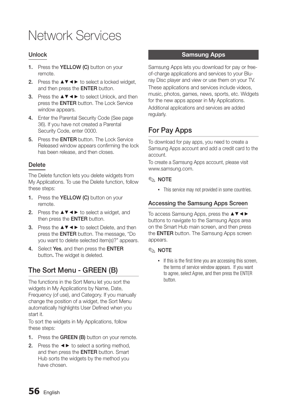 Network services, The sort menu - green (b), For pay apps | Samsung BD-D5300 User Manual | Page 56 / 135