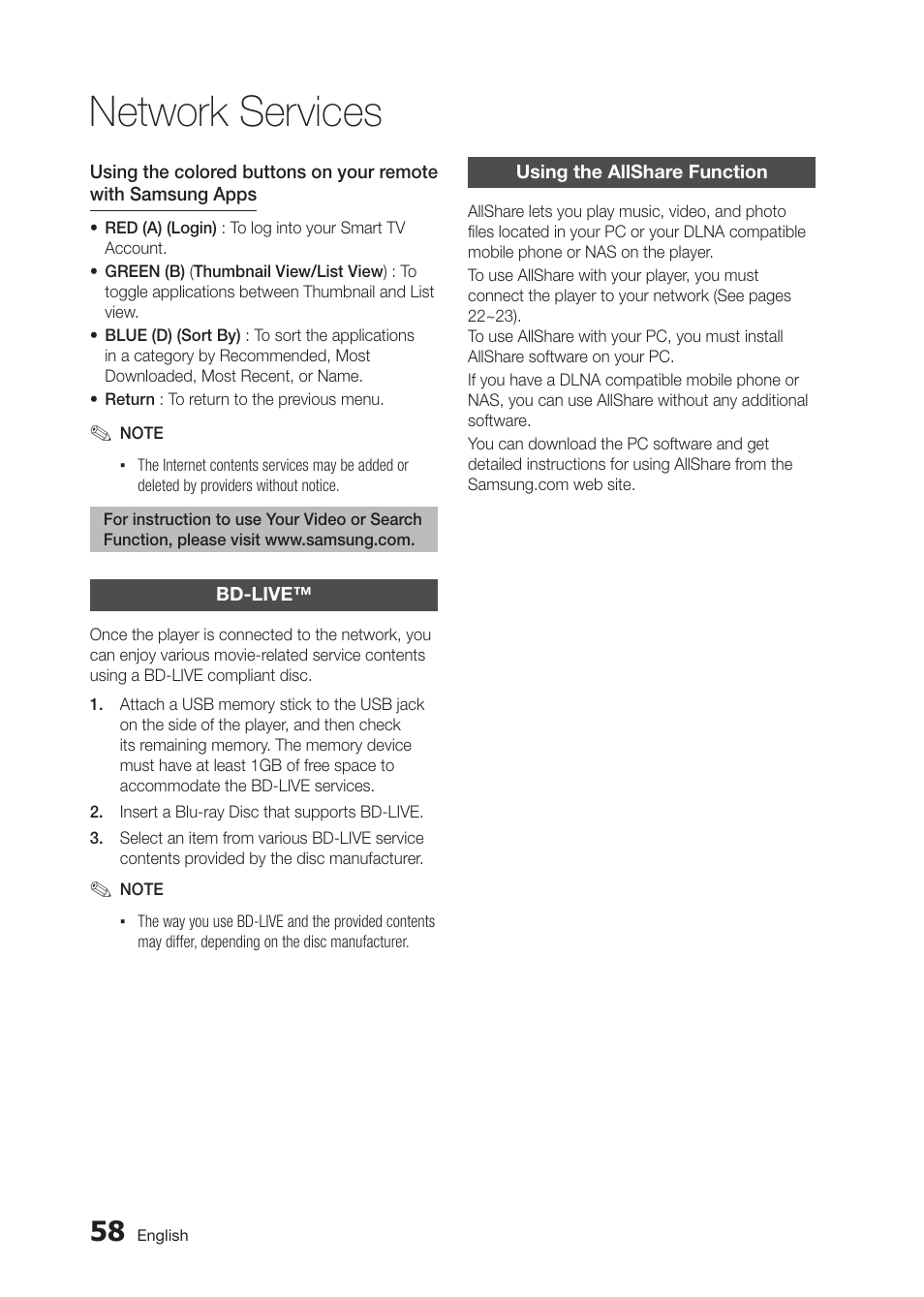 Network services | Samsung BD-D5300 User Manual | Page 58 / 135