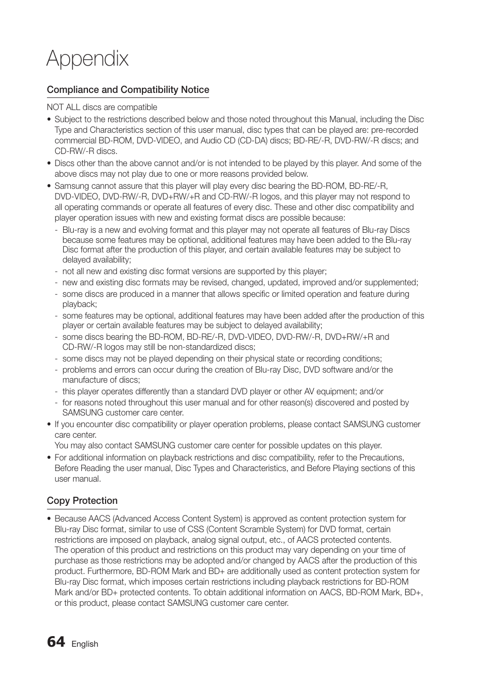 Appendix | Samsung BD-D5300 User Manual | Page 64 / 135