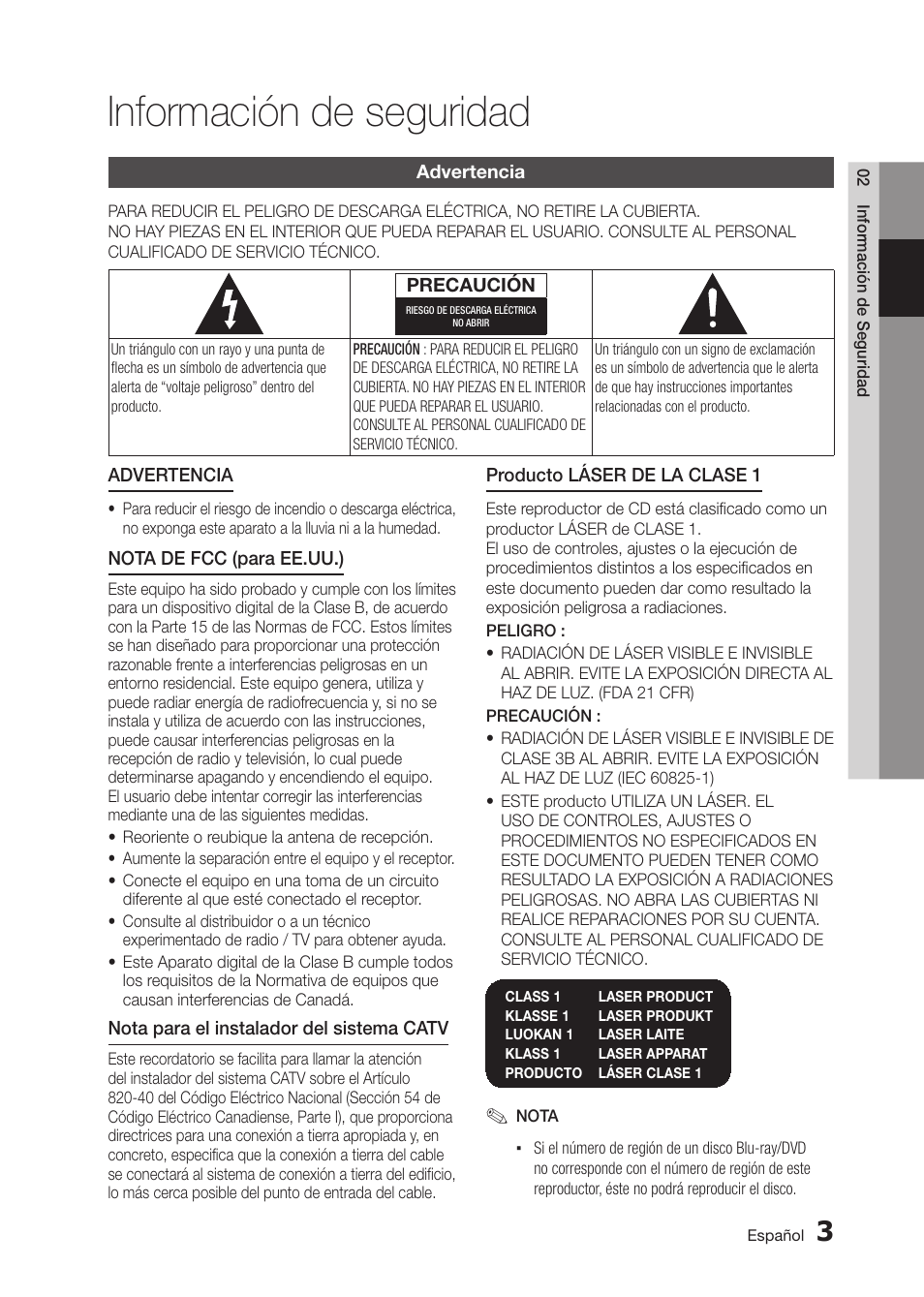Información de seguridad | Samsung BD-D5300 User Manual | Page 71 / 135
