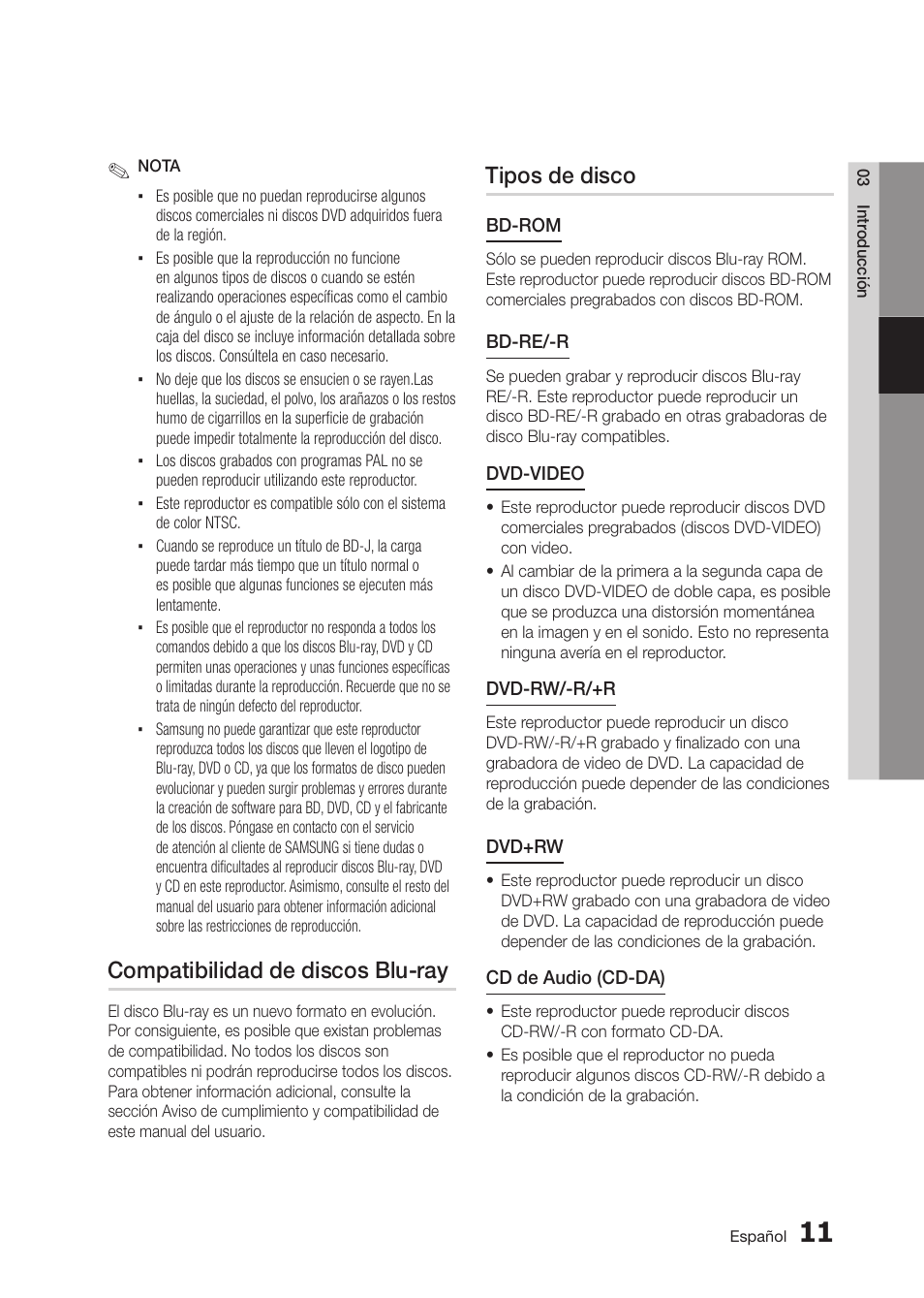 Compatibilidad de discos blu-ray, Tipos de disco | Samsung BD-D5300 User Manual | Page 79 / 135