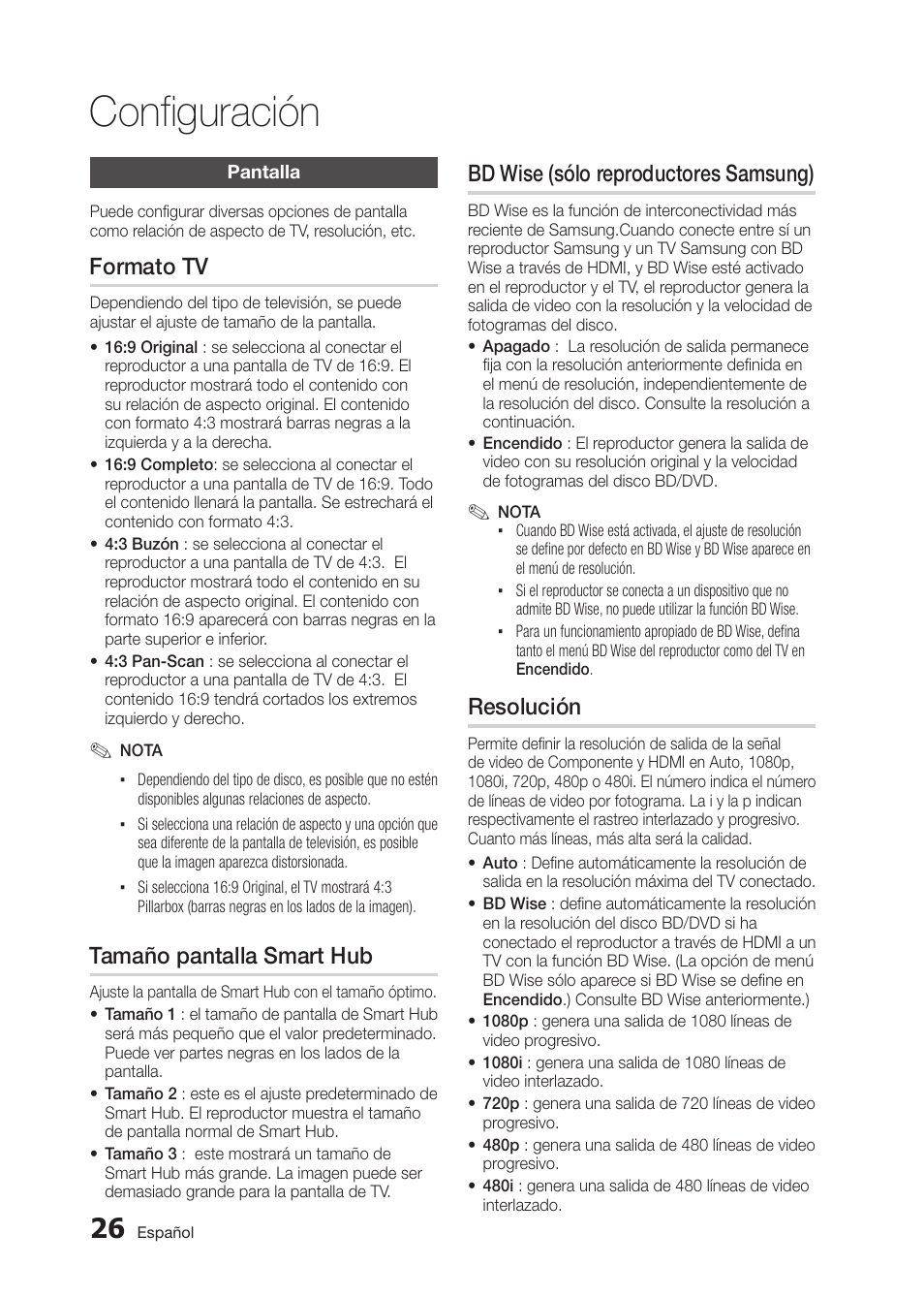 Configuración, Formato tv, Tamaño pantalla smart hub | Bd wise (sólo reproductores samsung), Resolución | Samsung BD-D5300 User Manual | Page 94 / 135