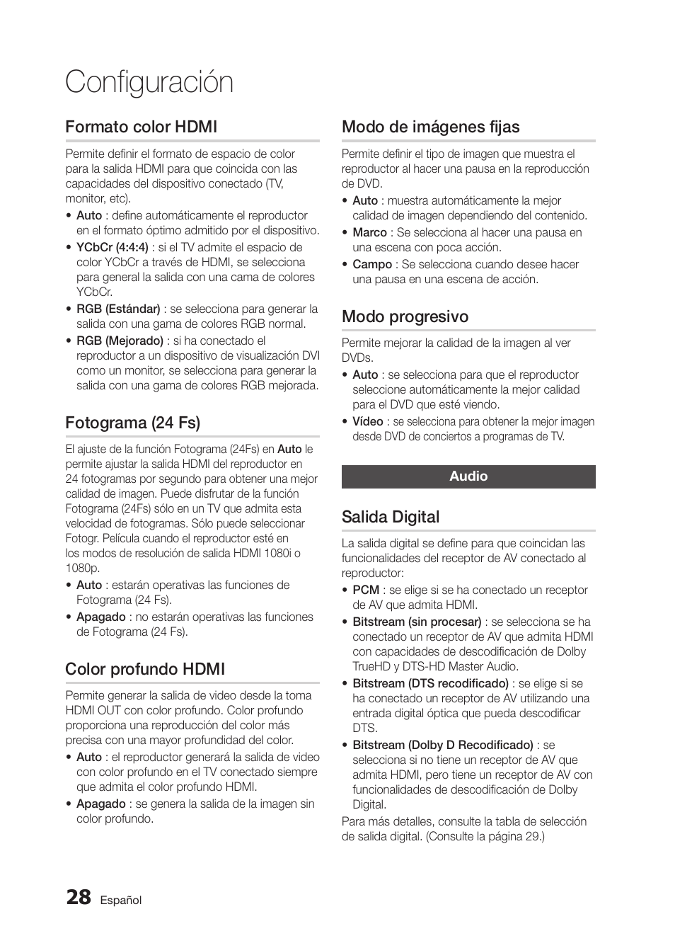 Configuración, Formato color hdmi, Fotograma (24 fs) | Color profundo hdmi, Modo de imágenes fijas, Modo progresivo, Salida digital | Samsung BD-D5300 User Manual | Page 96 / 135