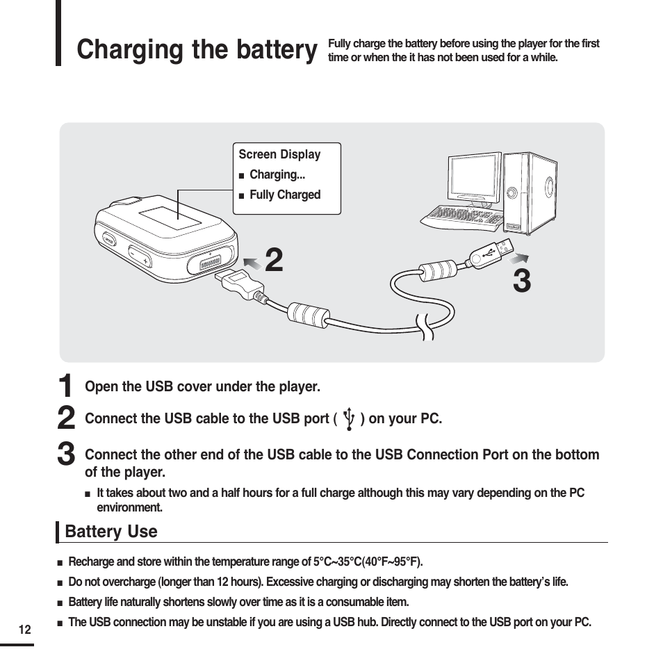Charging the battery | Samsung YP-F2X User Manual | Page 12 / 68