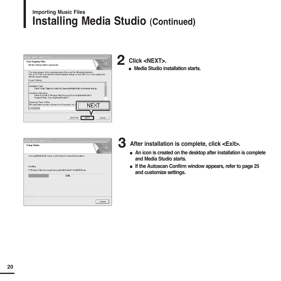 Installing media studio, Continued) | Samsung YP-F2X User Manual | Page 20 / 68