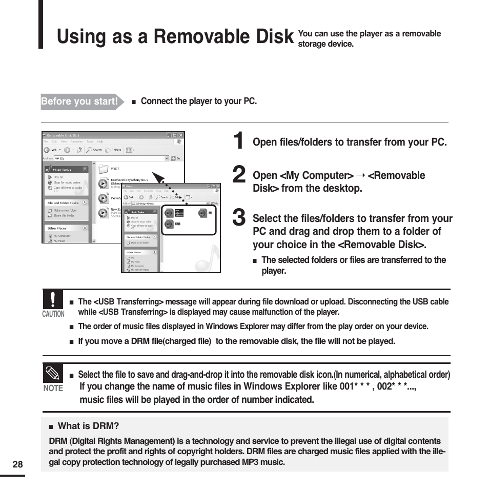 Using as a removable disk | Samsung YP-F2X User Manual | Page 28 / 68