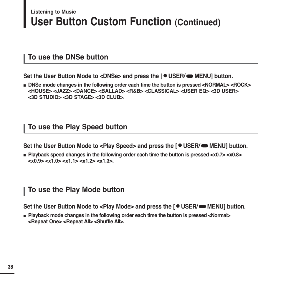 User button custom function, Continued) | Samsung YP-F2X User Manual | Page 38 / 68