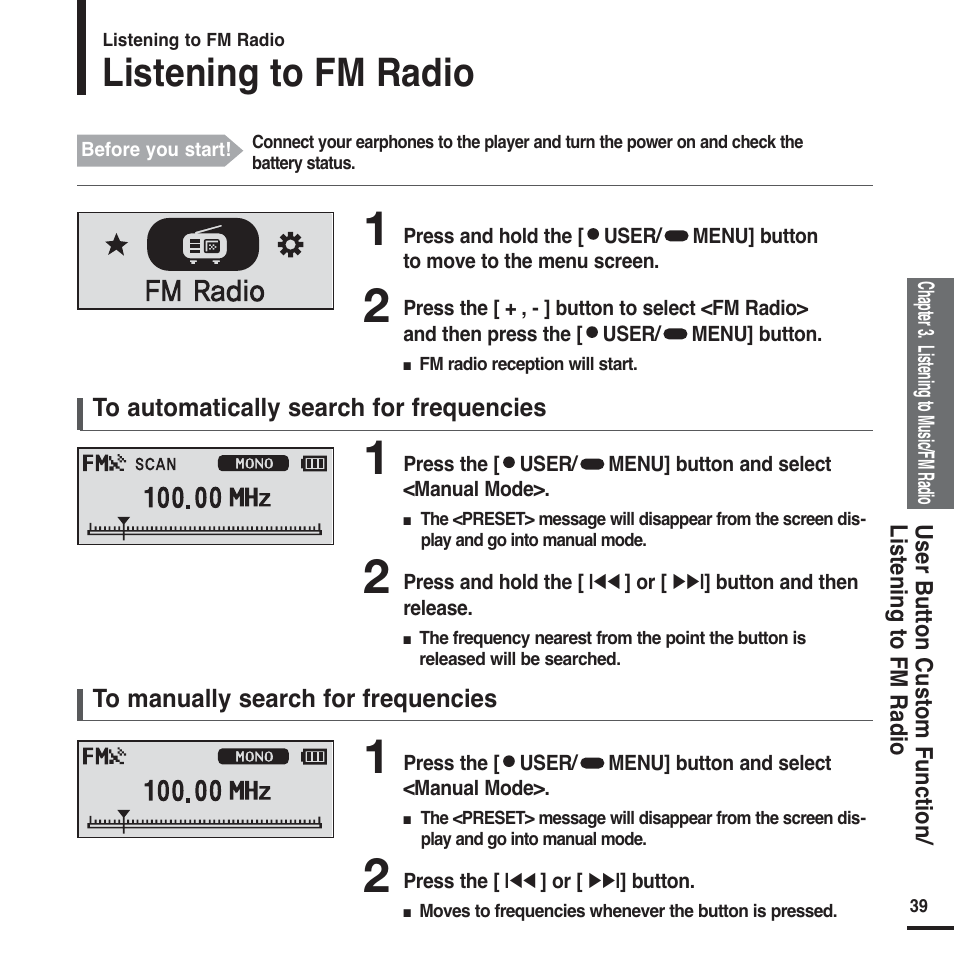 Listening to fm radio | Samsung YP-F2X User Manual | Page 39 / 68