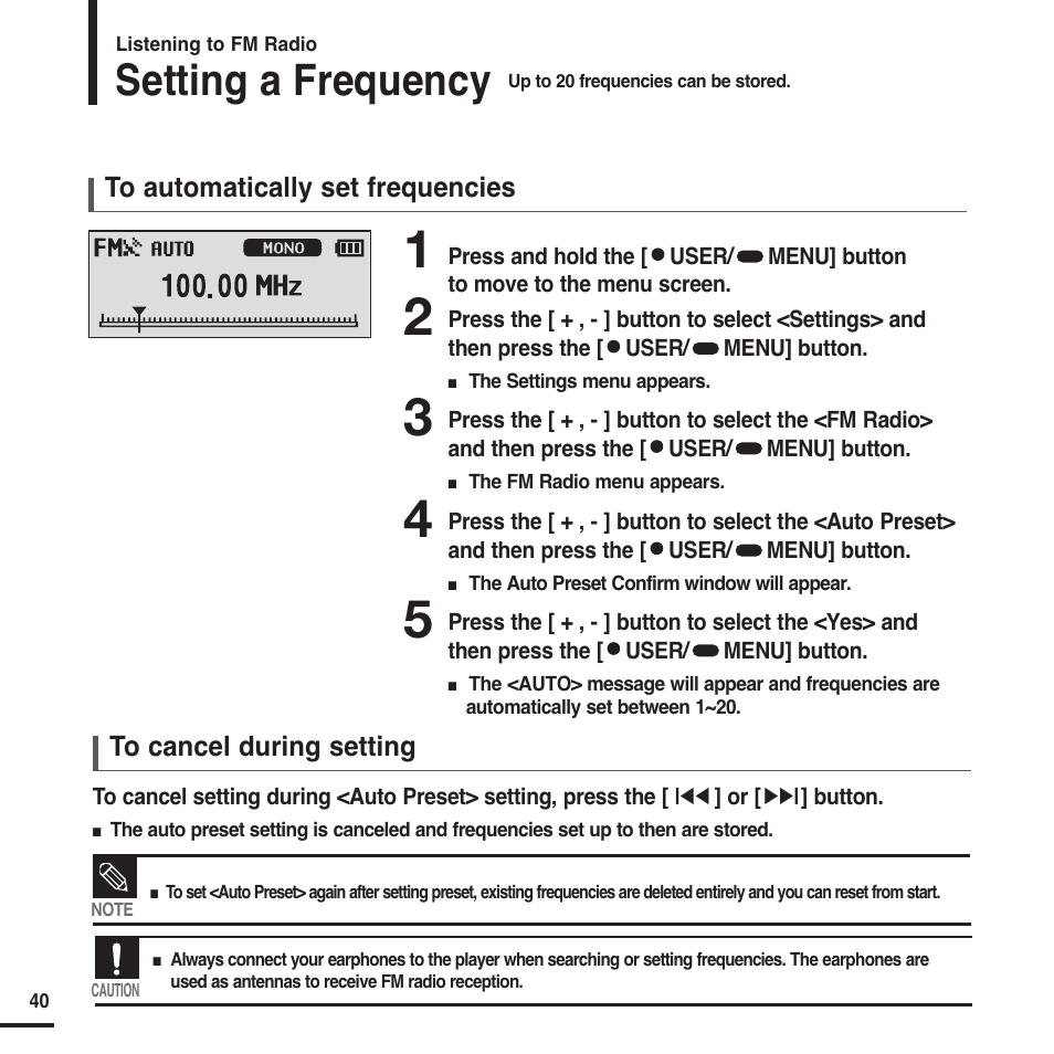 Setting a frequency | Samsung YP-F2X User Manual | Page 40 / 68