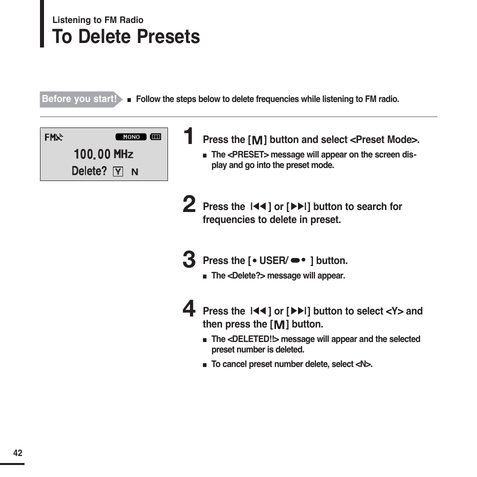 To delete presets | Samsung YP-F2X User Manual | Page 42 / 68