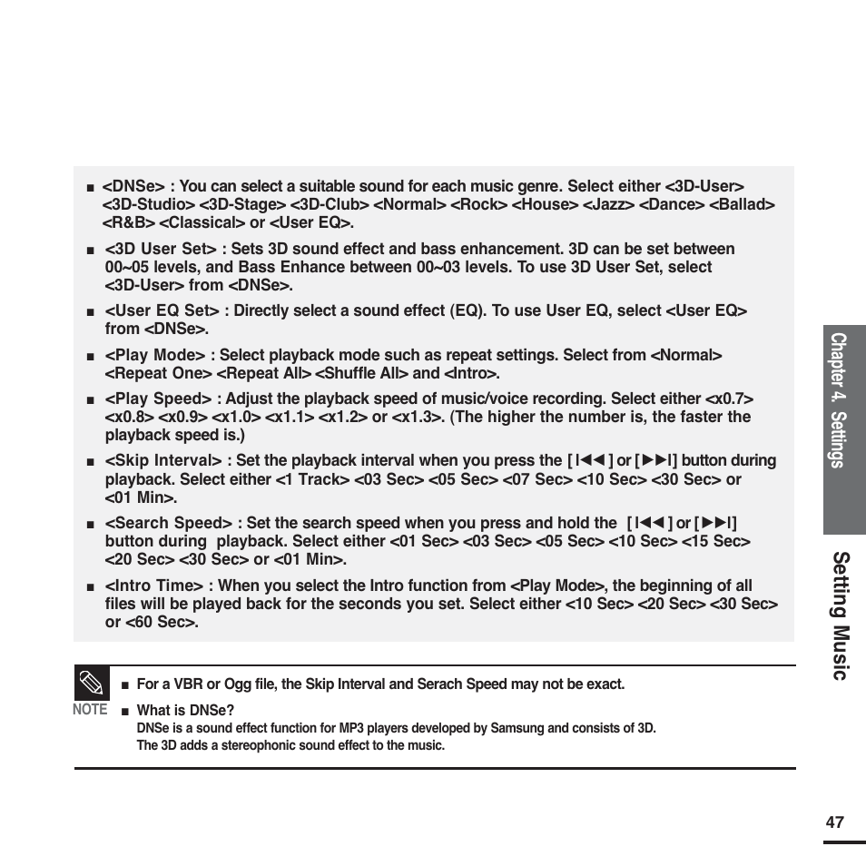 Setting music, Chapter 4. settings | Samsung YP-F2X User Manual | Page 47 / 68