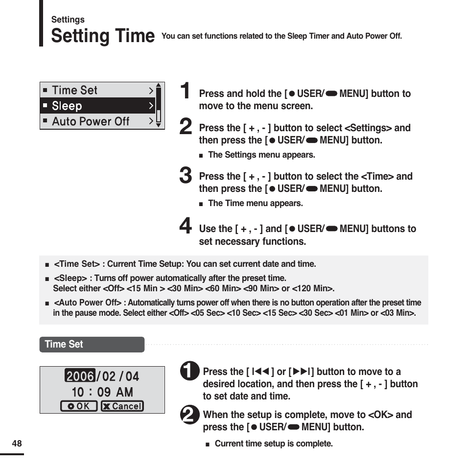 Setting time | Samsung YP-F2X User Manual | Page 48 / 68