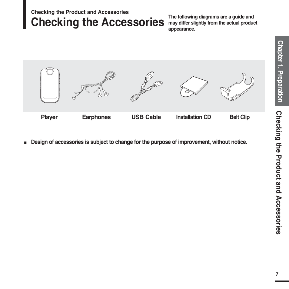 Checking the accessories | Samsung YP-F2X User Manual | Page 7 / 68