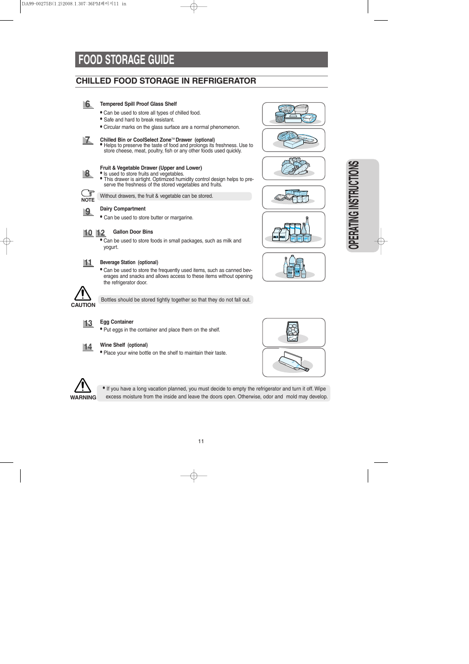 Opera ting instr uctions, Food storage guide | Samsung DA99-00275B User Manual | Page 11 / 36
