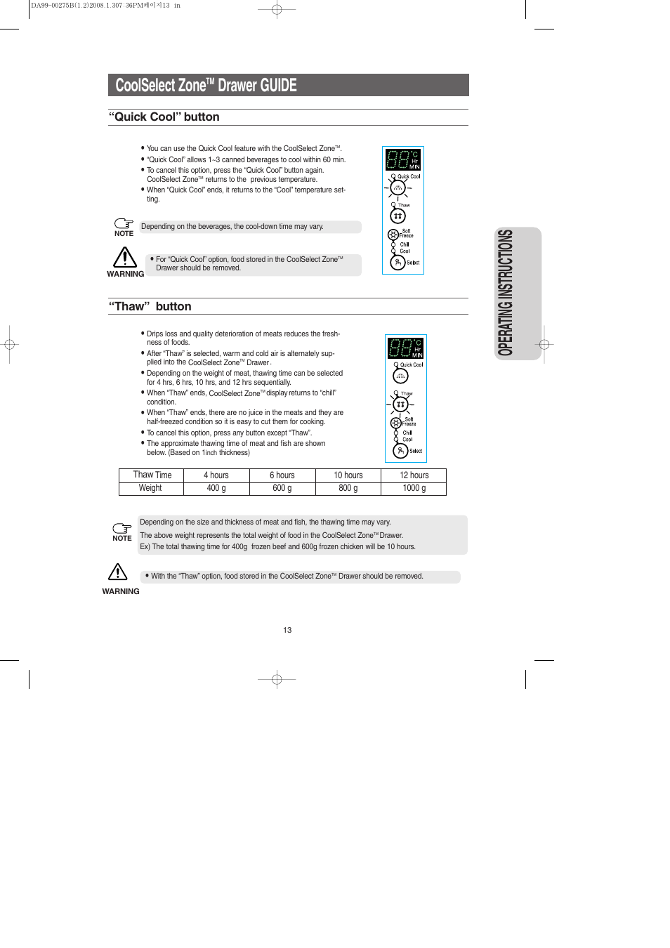 Opera ting instr uctions, Coolselect zone, Drawer guide | Samsung DA99-00275B User Manual | Page 13 / 36