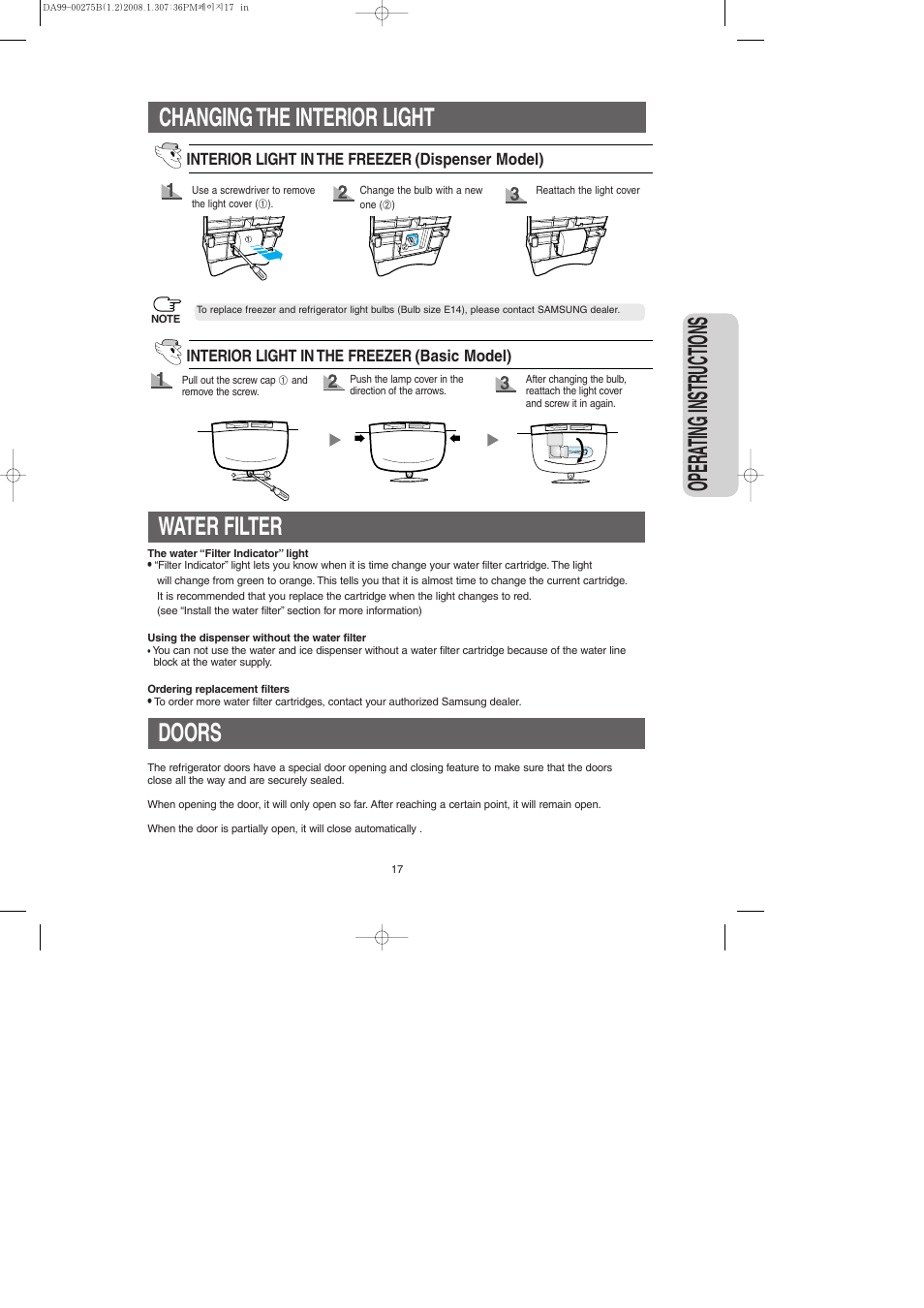 Water filter, Doors, Opera ting instr uctions | Changing the interior light | Samsung DA99-00275B User Manual | Page 17 / 36