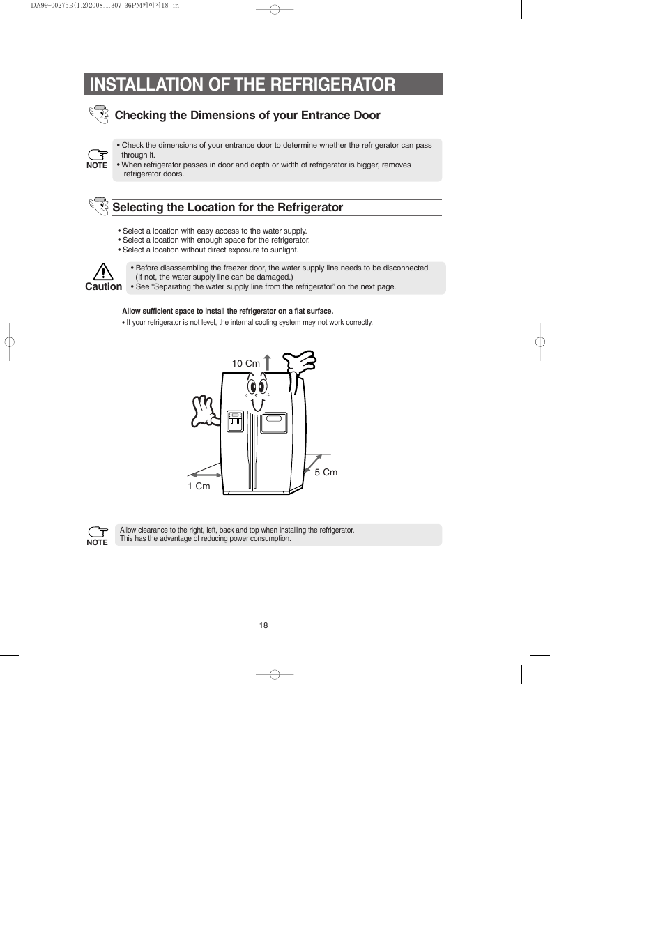 Installation of the refrigerator | Samsung DA99-00275B User Manual | Page 18 / 36
