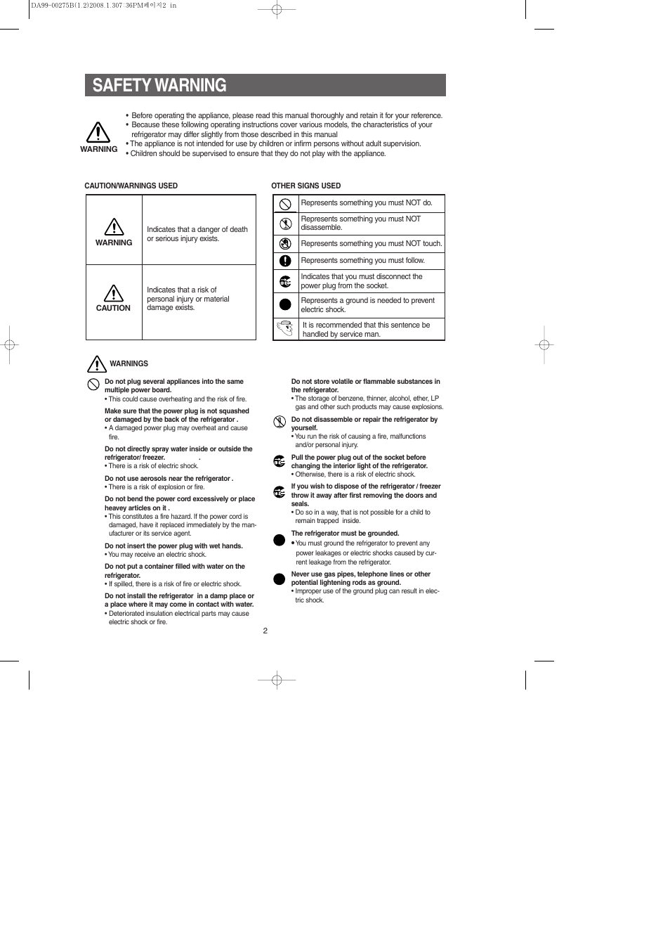 Safety warning | Samsung DA99-00275B User Manual | Page 2 / 36