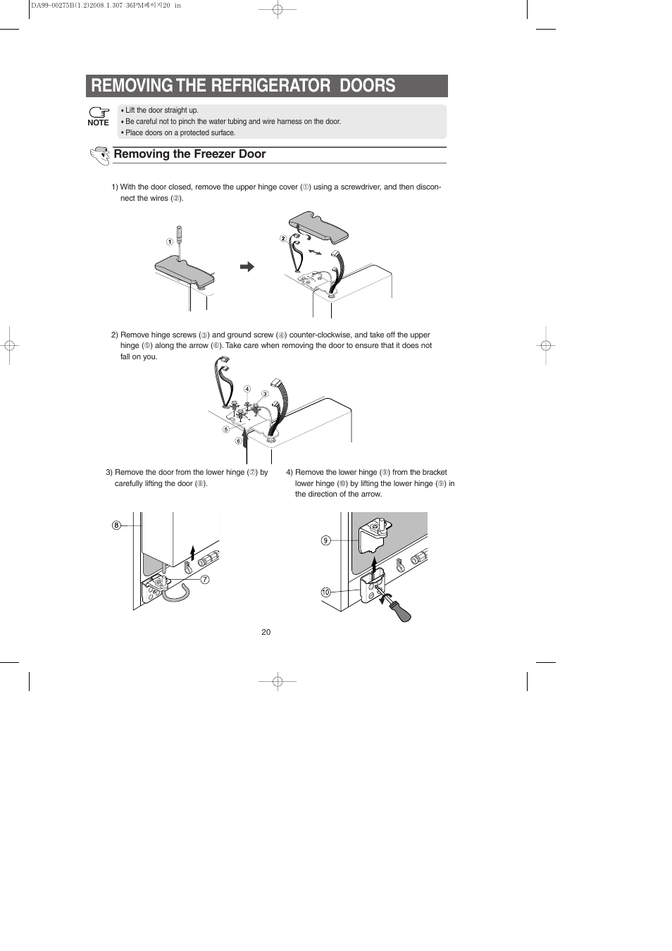 Removing the refrigerator doors, Removing the freezer door | Samsung DA99-00275B User Manual | Page 20 / 36