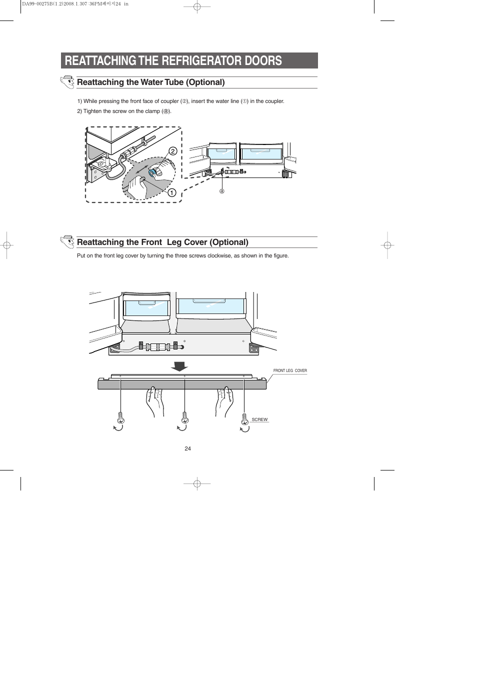 Reattaching the refrigerator doors | Samsung DA99-00275B User Manual | Page 24 / 36