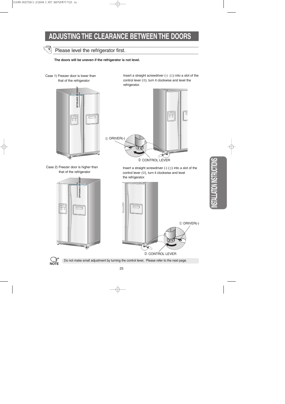 Adjusting the clearance between the doors, Inst alla tion instr uctions | Samsung DA99-00275B User Manual | Page 25 / 36