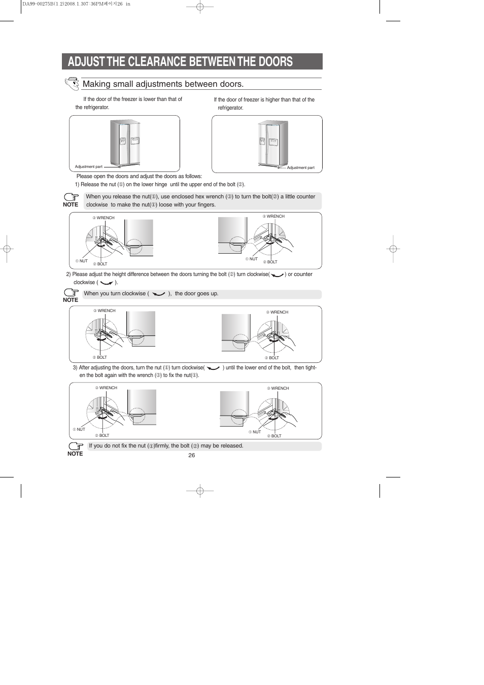 Adjust the clearance between the doors, Making small adjustments between doors | Samsung DA99-00275B User Manual | Page 26 / 36