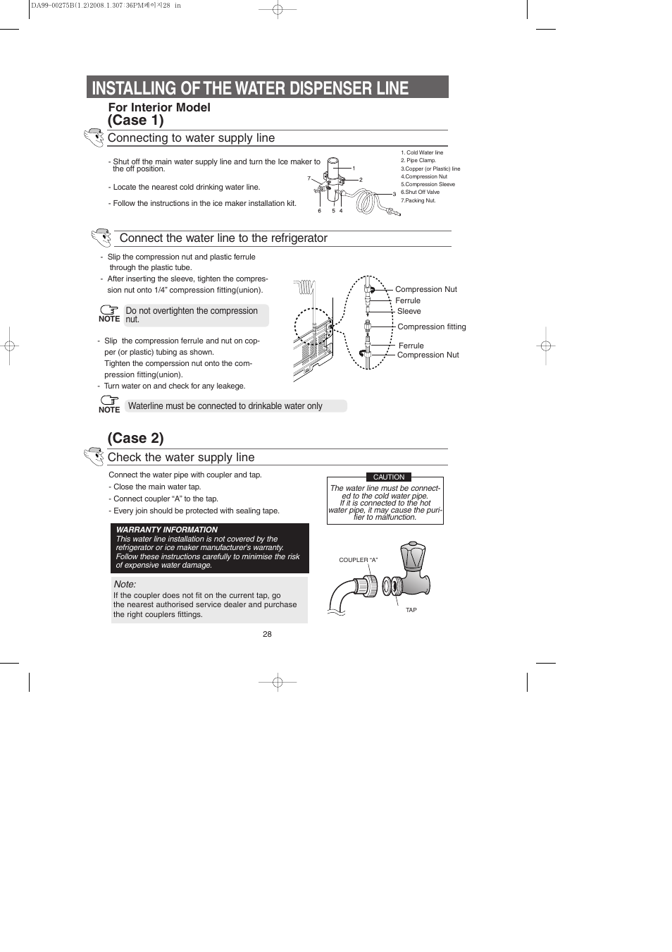 Installing of the water dispenser line, Case 1) (case 2), Connecting to water supply line | For interior model, Check the water supply line, Connect the water line to the refrigerator | Samsung DA99-00275B User Manual | Page 28 / 36