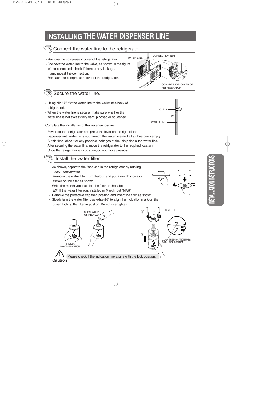 Inst alla tion instr uctions, Installing the water dispenser line, Secure the water line | Samsung DA99-00275B User Manual | Page 29 / 36