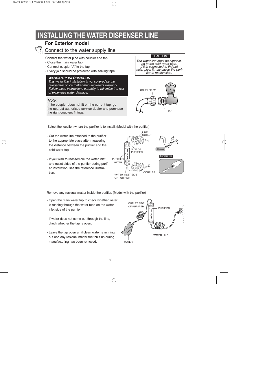 Installing the water dispenser line | Samsung DA99-00275B User Manual | Page 30 / 36