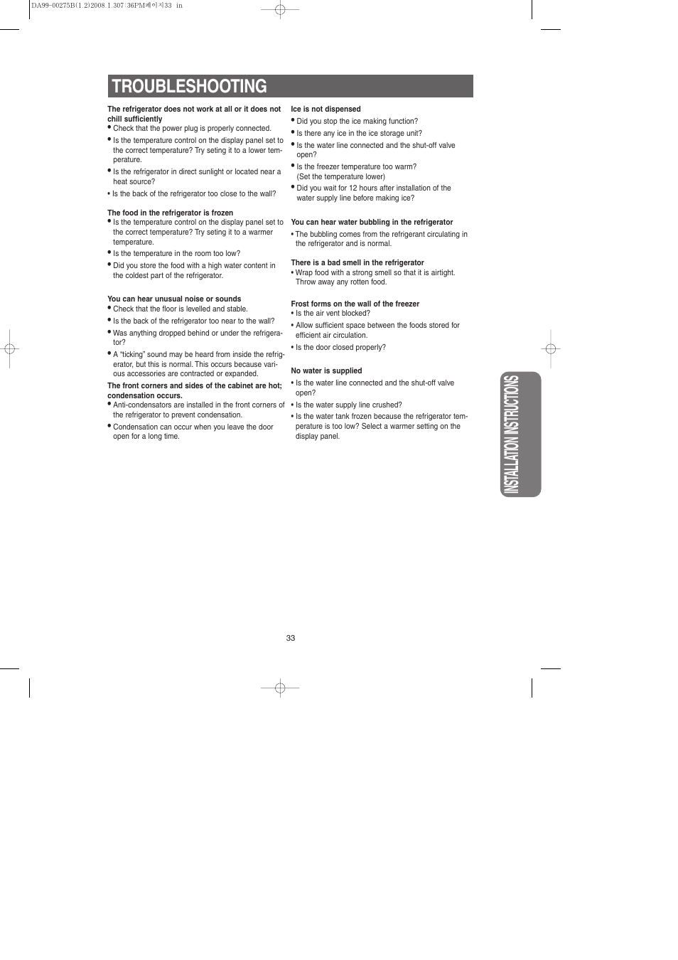 Troubleshooting, Inst alla tion instr uctions | Samsung DA99-00275B User Manual | Page 33 / 36