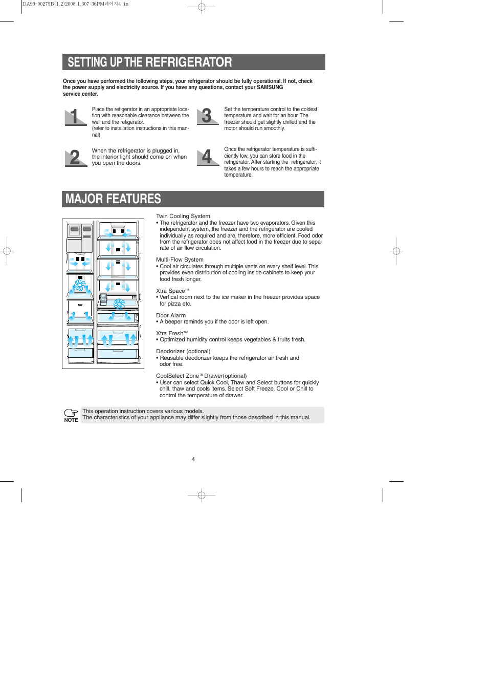 Setting up the refrigerator, Major features | Samsung DA99-00275B User Manual | Page 4 / 36