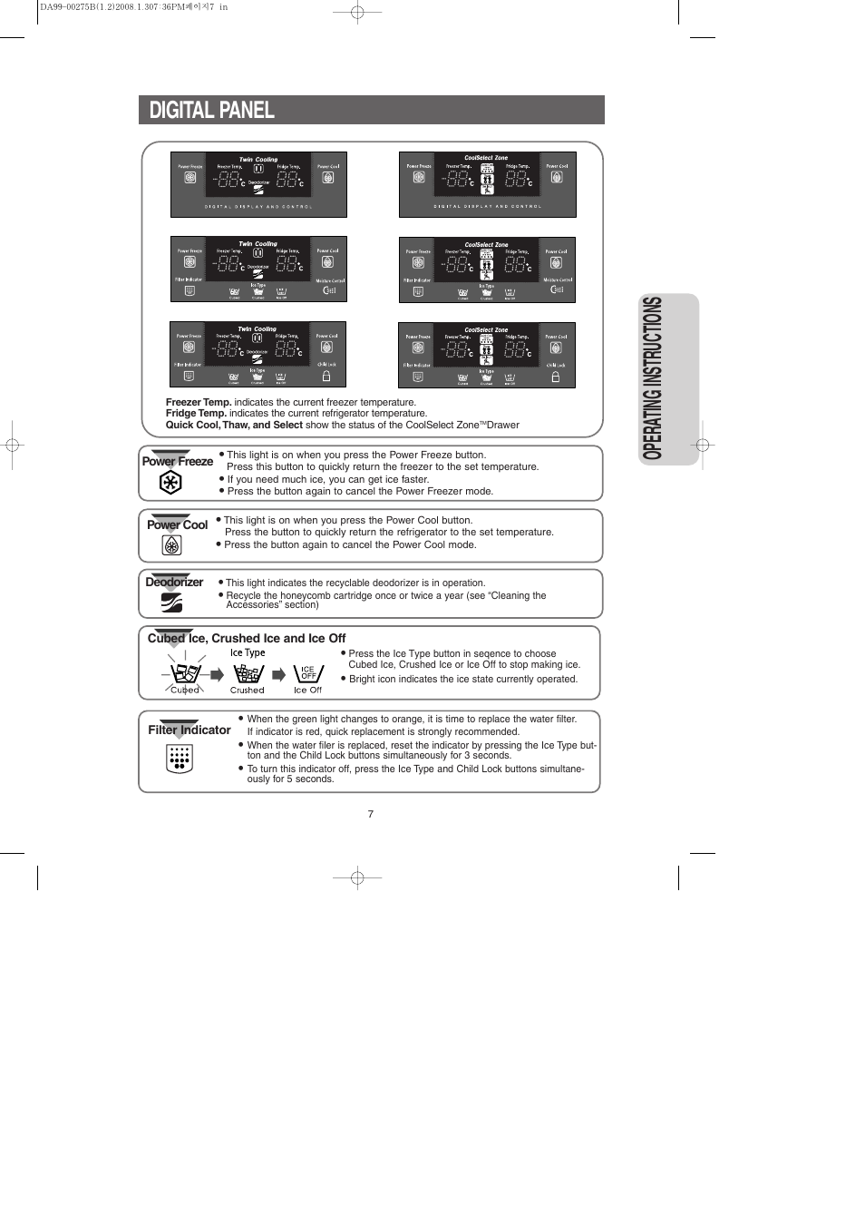 Digital panel, Opera ting instr uctions | Samsung DA99-00275B User Manual | Page 7 / 36