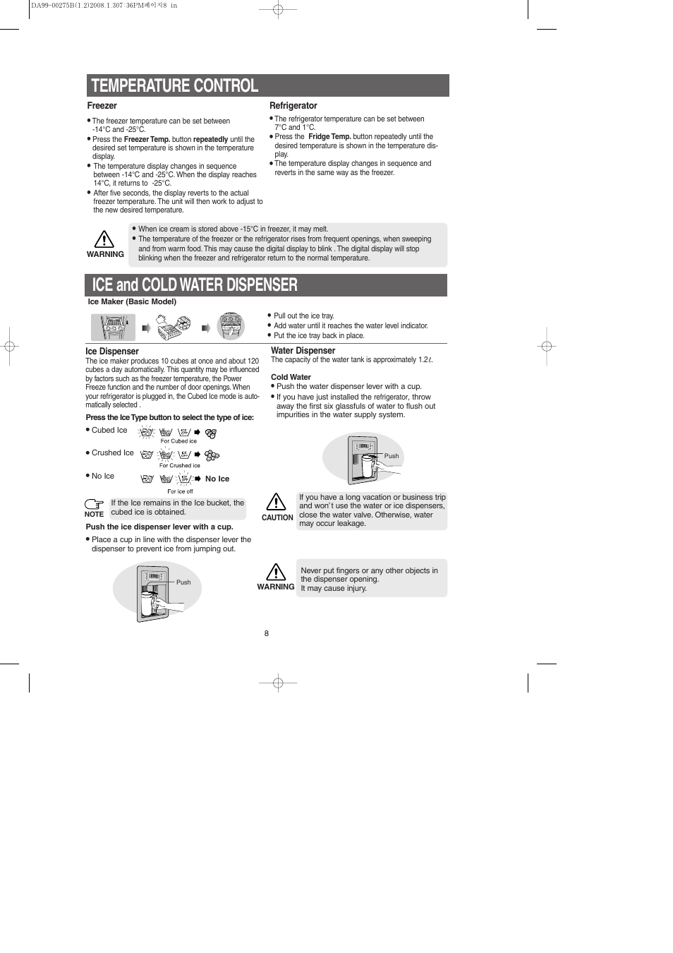 Temperature control, Ice and cold water dispenser | Samsung DA99-00275B User Manual | Page 8 / 36