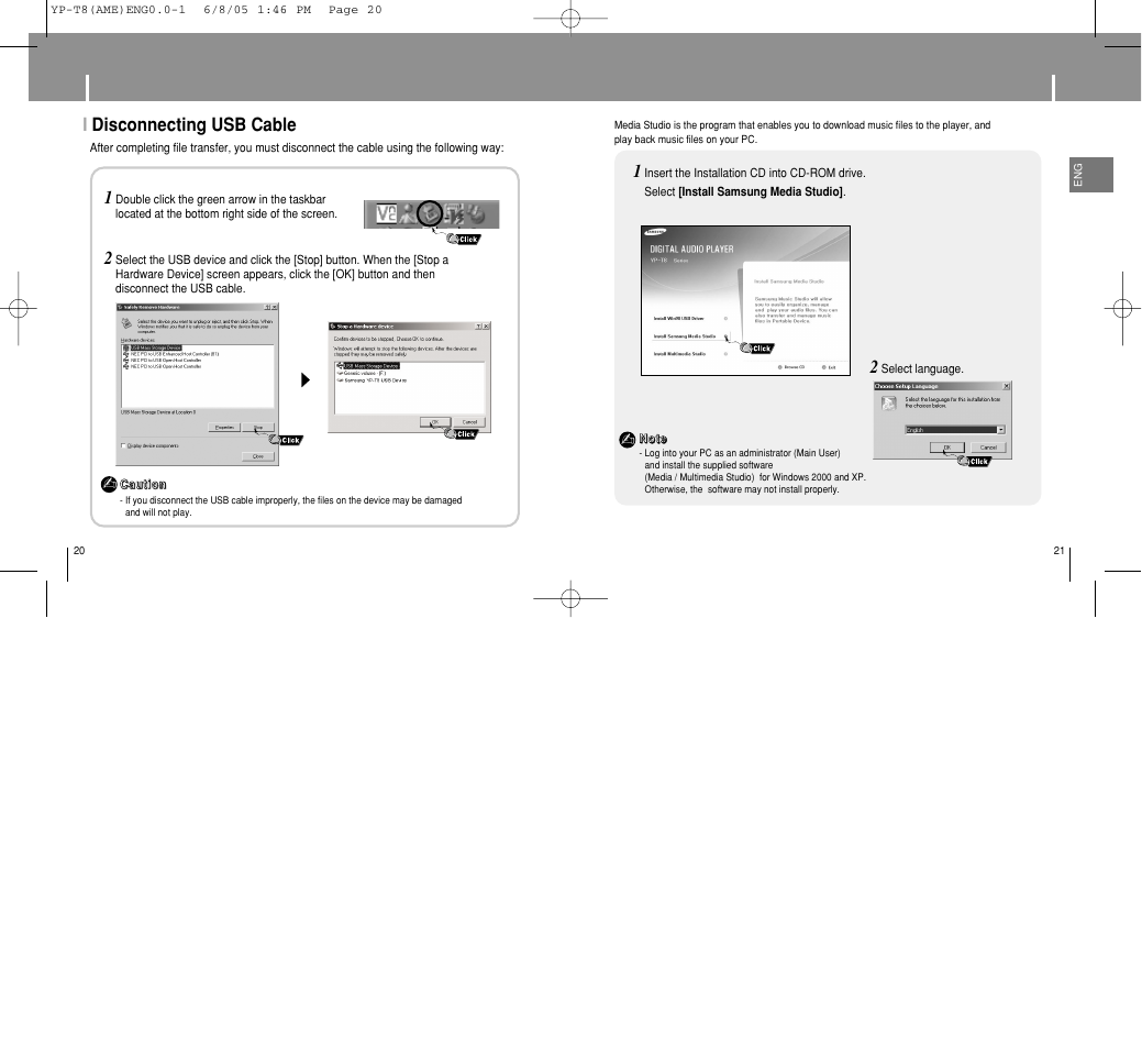 Installing media studio, Using the player as a removable disk, Idisconnecting usb cable | Samsung YP-T8 User Manual | Page 11 / 50