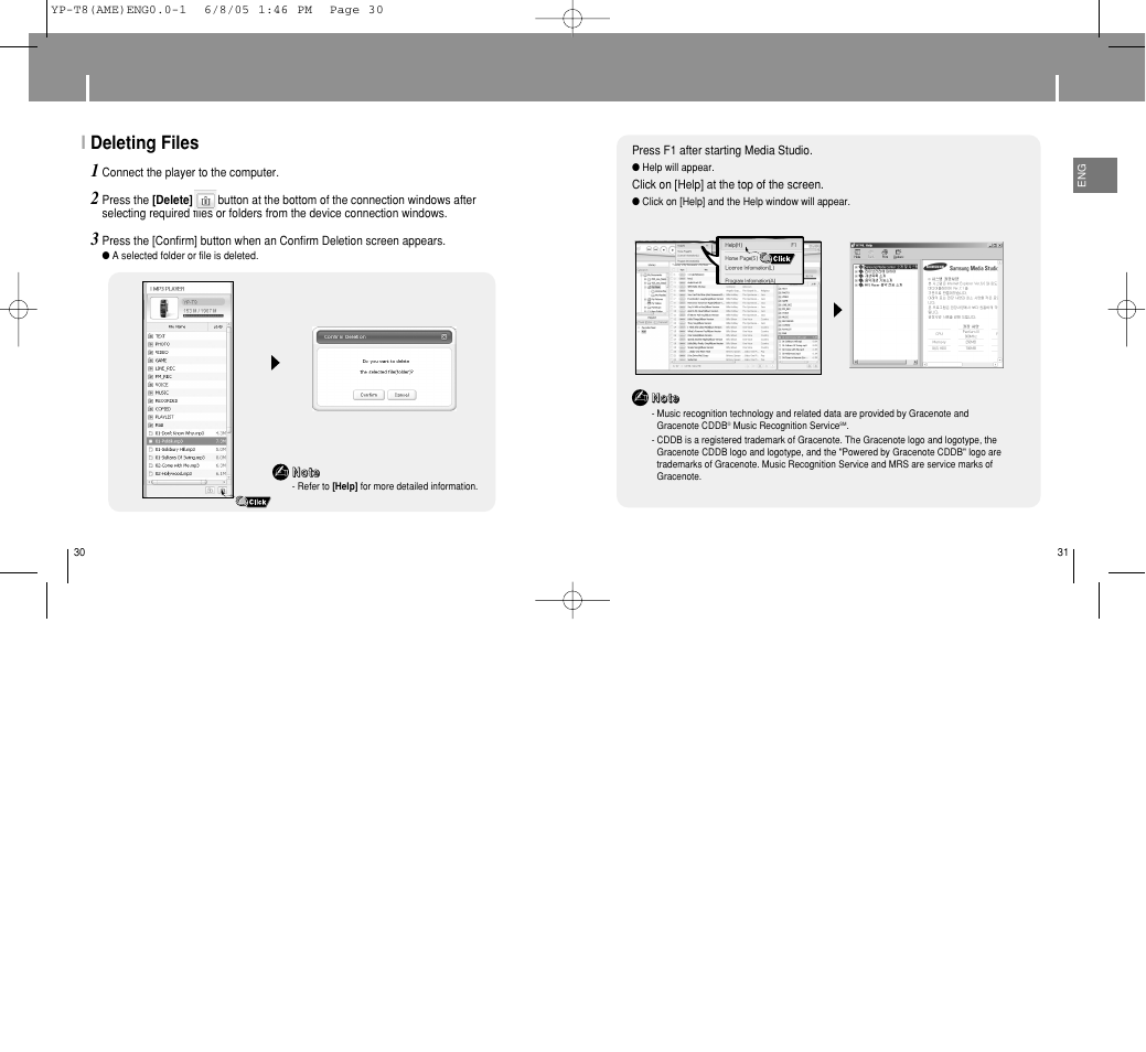 To view help on media studio, Using media studio, Ideleting files | Samsung YP-T8 User Manual | Page 16 / 50