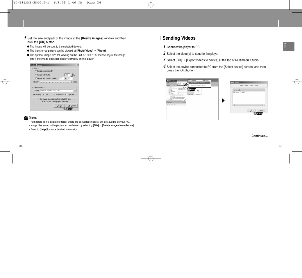 Using multimedia studio, Isending videos 1 | Samsung YP-T8 User Manual | Page 19 / 50