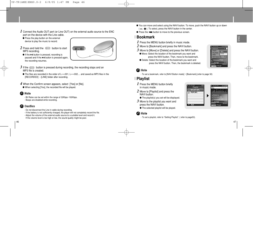 Recording mp3s, Setting main functions in music mode, Ibookmark 1 | Iplaylist | Samsung YP-T8 User Manual | Page 24 / 50