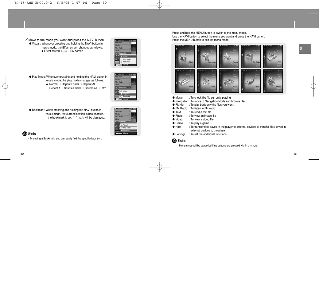 Menu options, Setting main functions in music mode | Samsung YP-T8 User Manual | Page 26 / 50