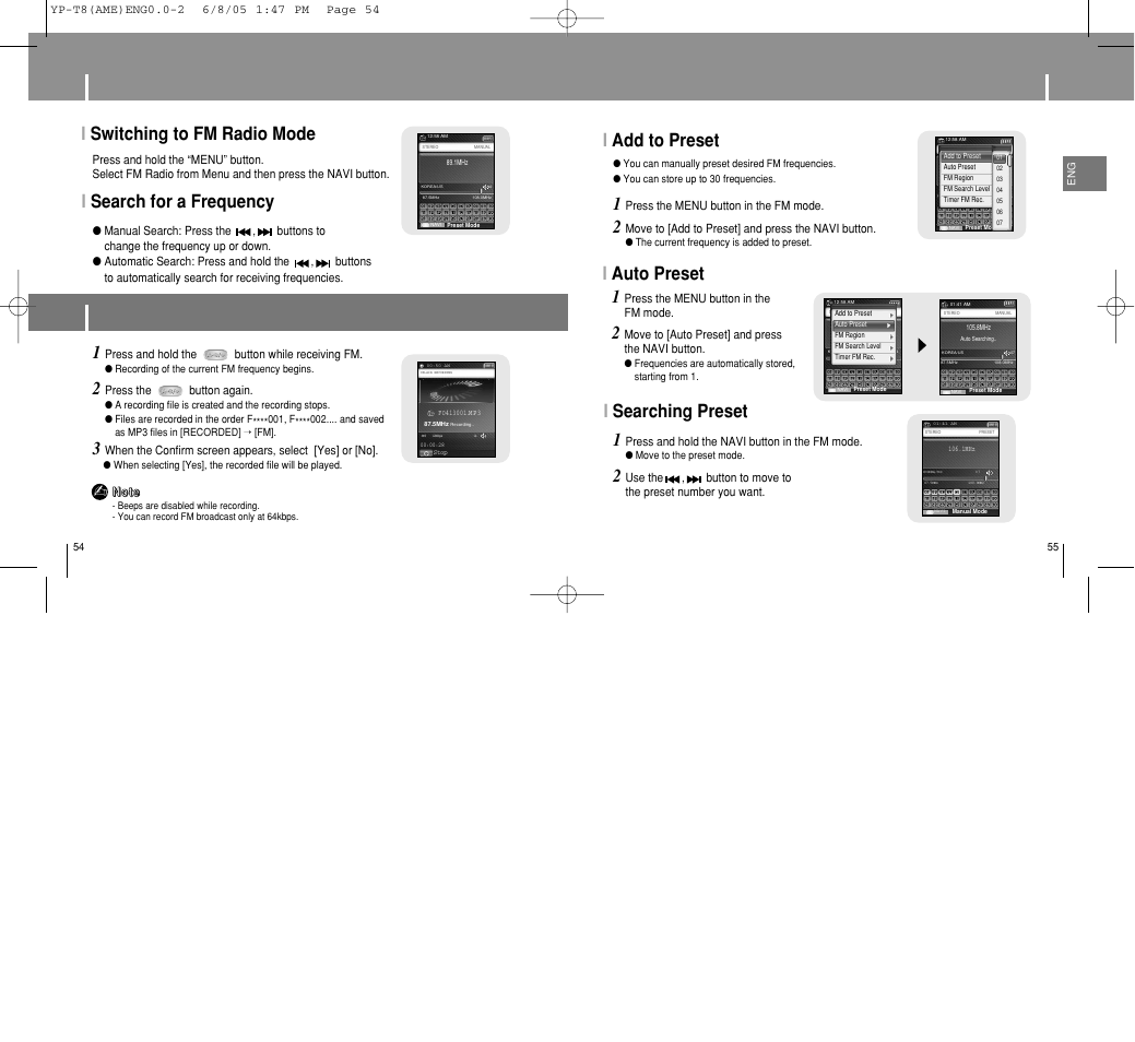 Listening to fm radio, Recording fm, Setting main functions in fm mode | Listening to fm radio recording fm, Iadd to preset 1, Iauto preset 1, Iswitching to fm radio mode, Isearch for a frequency, Isearching preset | Samsung YP-T8 User Manual | Page 28 / 50
