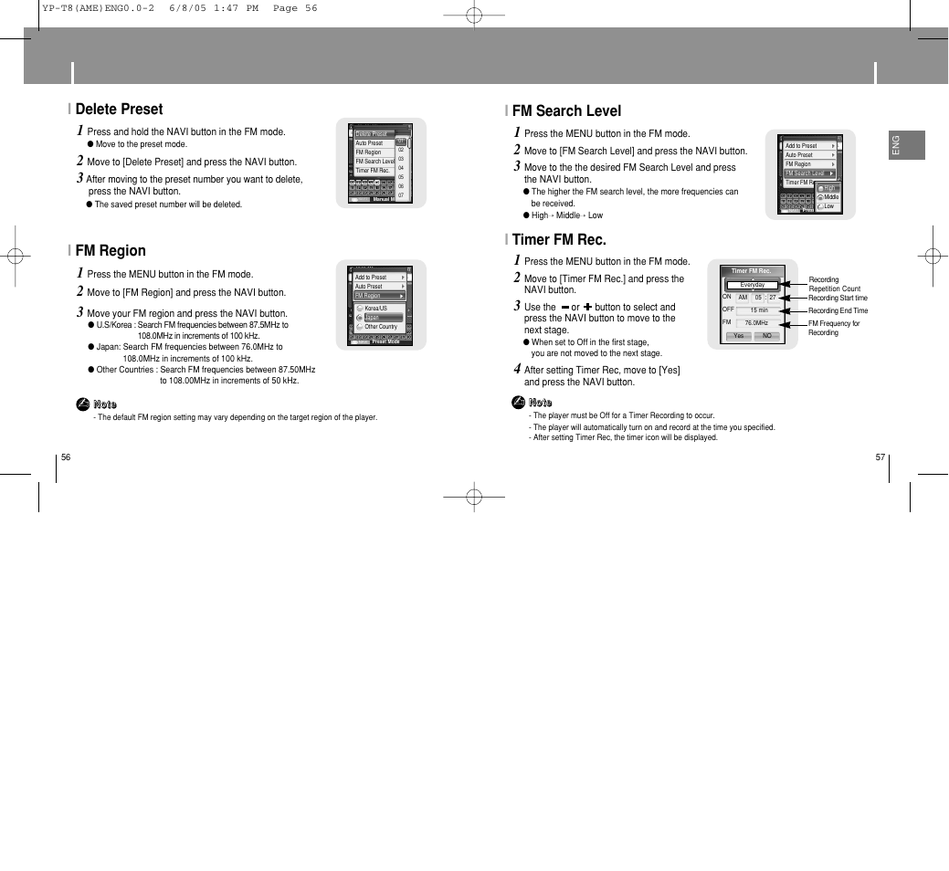 Setting main functions in fm mode, Ifm search level 1, Itimer fm rec | Ifm region, Idelete preset | Samsung YP-T8 User Manual | Page 29 / 50